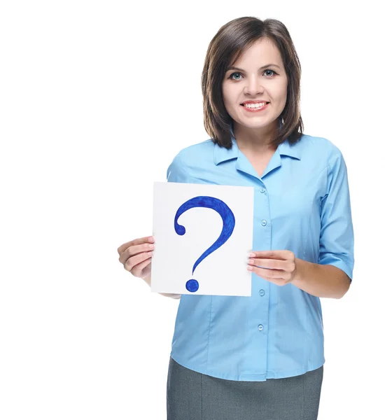 Attractive young woman in a blue blouse. Holds a poster with a b — Stock Photo, Image