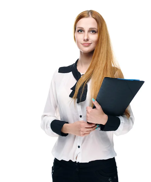 Attractive young woman in a white blouse. Holds a folder. Isolat — Stock Photo, Image