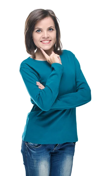 Ελκυστική νεαρή γυναίκα σε ένα μπλε πουκάμισο. κρατώντας το δάχτυλό της από την — Φωτογραφία Αρχείου