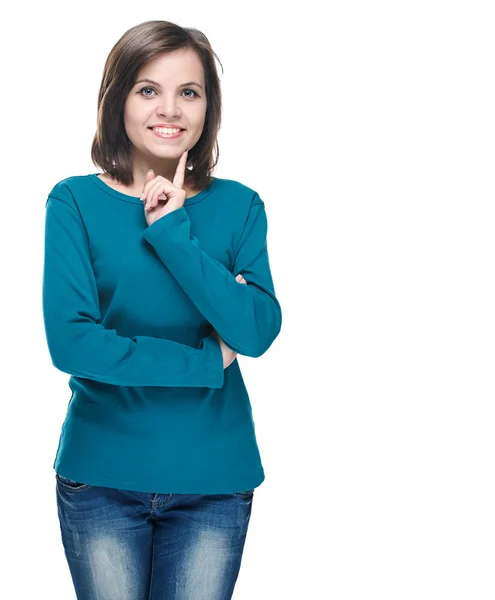 Attractive young woman in a blue shirt. Holding her finger on he — Stock Photo, Image