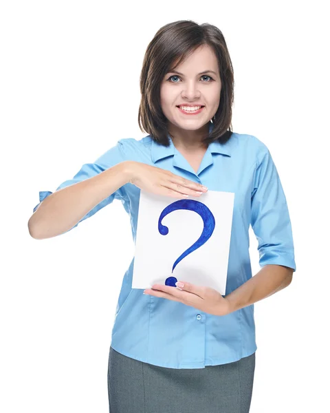 Attractive young woman in a blue blouse. Holds a poster with a b — Stock Photo, Image