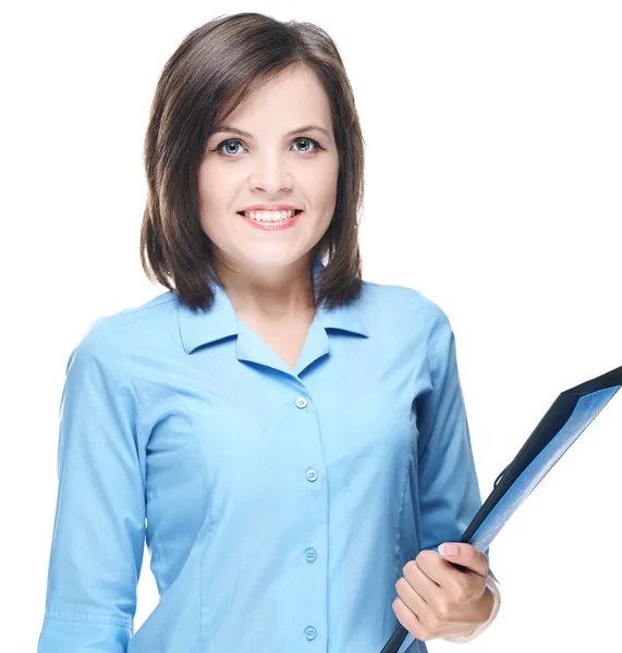 Aantrekkelijke jonge vrouw in een blauwe blouse. houdt een map. — Stockfoto