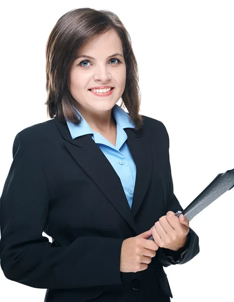 Attractive young woman in a black business suit. Holds a folder. — Stock Photo, Image