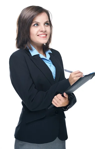 Attractive young woman in a black business suit. Holds a folder. — Stock Photo, Image