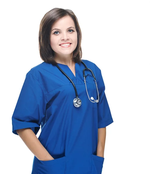 Jeune infirmière attirante avec stéthoscope. Isolé sur bac blanc — Photo
