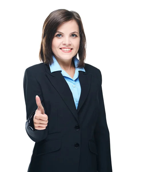 Attractive young woman in a black jacket. Showing thumbs up. — Stock Photo, Image