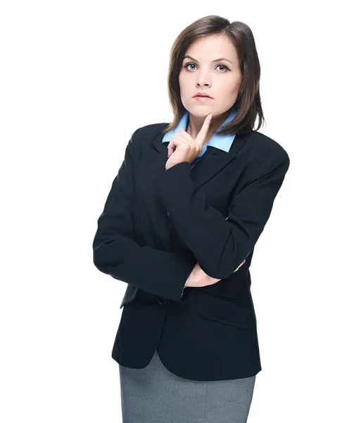 Attraktive junge Frau in schwarzer Jacke. hält ihren Finger auf — Stockfoto