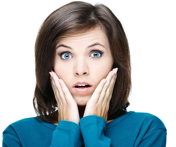 Surprised young woman in a blue shirt. — Stock Photo, Image