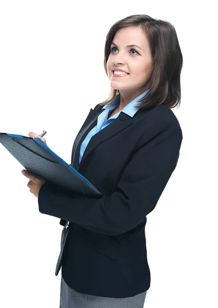 Attractive young woman in a black business suit. Holds a a folde Stock Photo