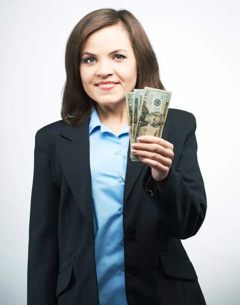 Lachende jonge vrouw in een zwarte jas. bedrijf dollar. — Stockfoto