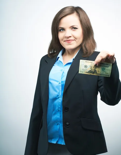 Happy young woman in a black jacket. Holding dollars. — Stock Photo, Image