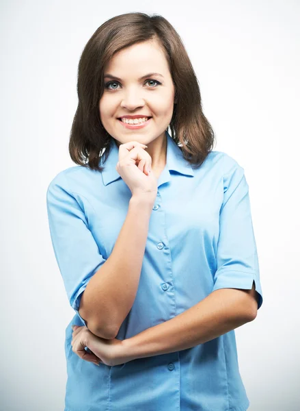 Gelukkig jonge vrouw in een blauwe blouse. — Stockfoto