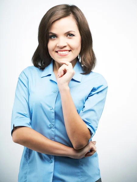 Glad ung kvinna i en blå blus. — Stockfoto