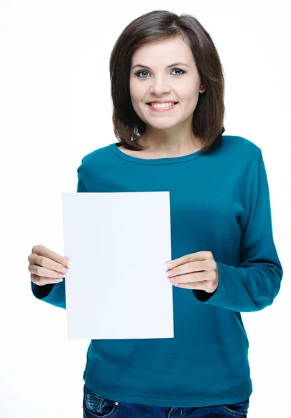 Atrakcyjna młoda kobieta w niebieską koszulę. posiada plakat. — Zdjęcie stockowe