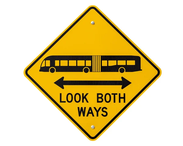 Look Both Ways Bus and Tram Warning Sign Isolated — Stock Photo, Image