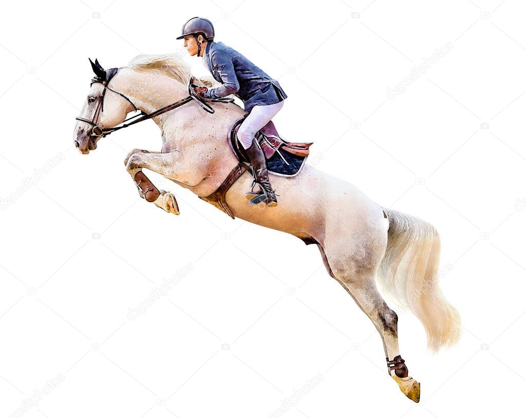 Jockey on horse. White Horse. Champion. Horse riding. Equestrian sport. Jockey riding jumping horse. Poster. Sport. Isolated watercolor Illustration. White background.