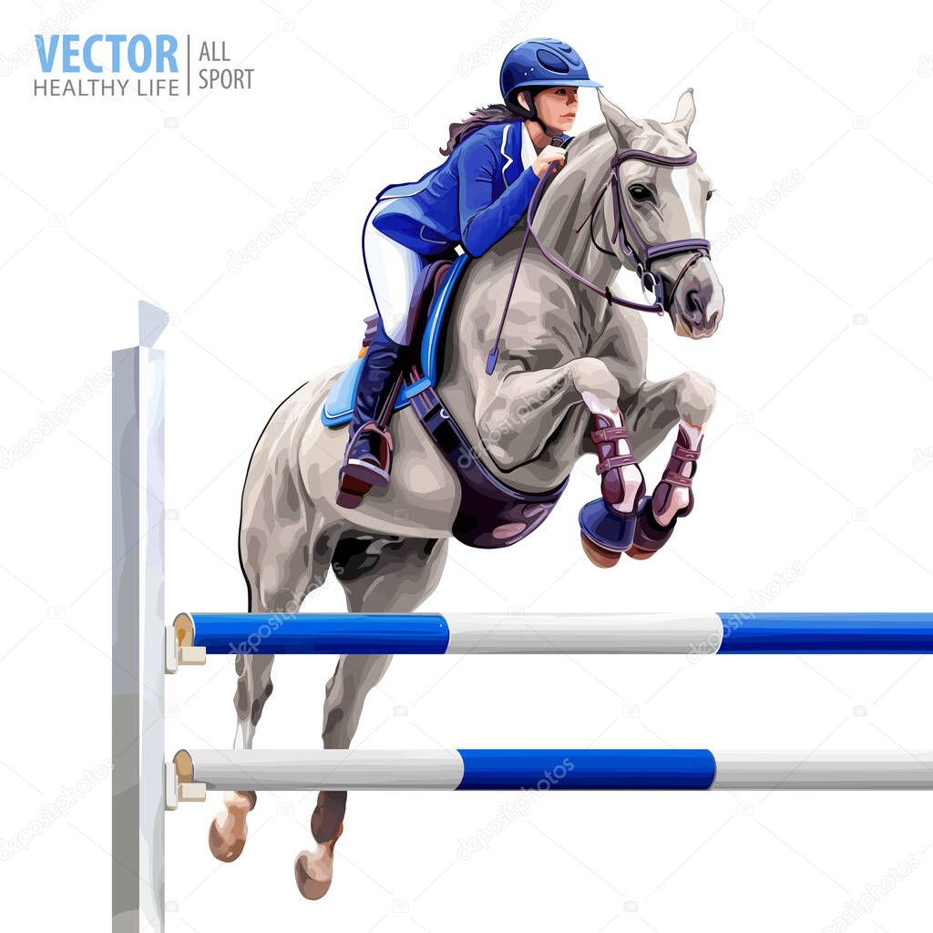 Jockey on horse. White Horse. Champion. Horse riding. Equestrian sport. Jockey riding jumping horse. Poster. Isolated Vector Illustration. Sport background.