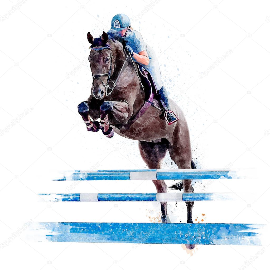 Jockey on horse. Black Horse. Champion. Horse riding. Equestrian sport. Jockey riding jumping horse. Poster. White background. Isolated watercolor Illustration. Sport.