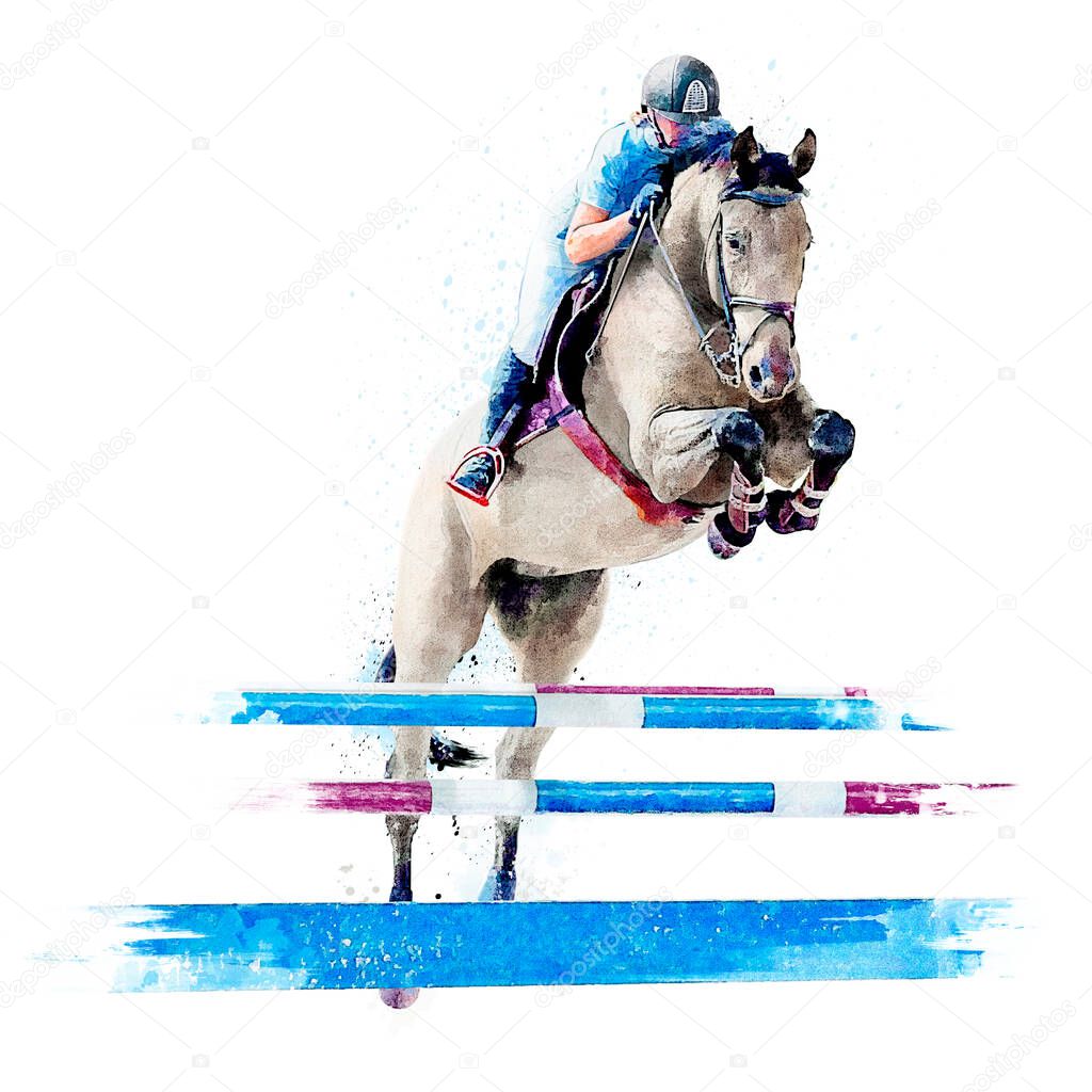 Jockey on horse. White Horse. Champion. Horse riding. Equestrian sport. Jockey riding jumping horse. Poster. Sport background. Isolated watercolor Illustration