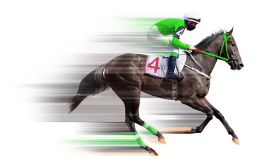 At yarışı jokeyi. Spor. Şampiyon. Yarış pisti. Binicilik. Derbi. Beyaz arkaplanda izole