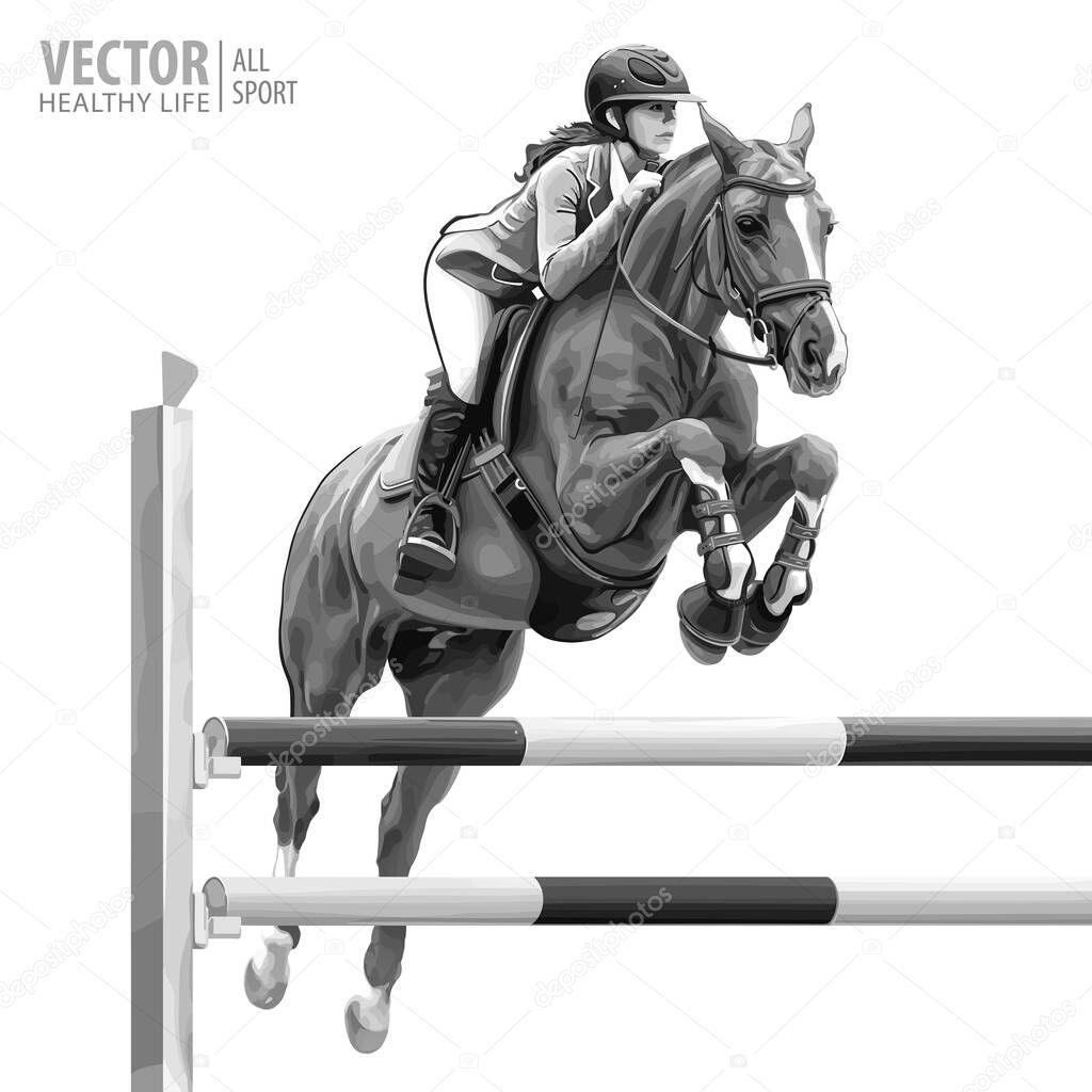 Jockey on horse. White Horse. Champion. Horse riding. Equestrian sport. Jockey riding jumping horse. Poster. Isolated Vector Illustration. Sport background.