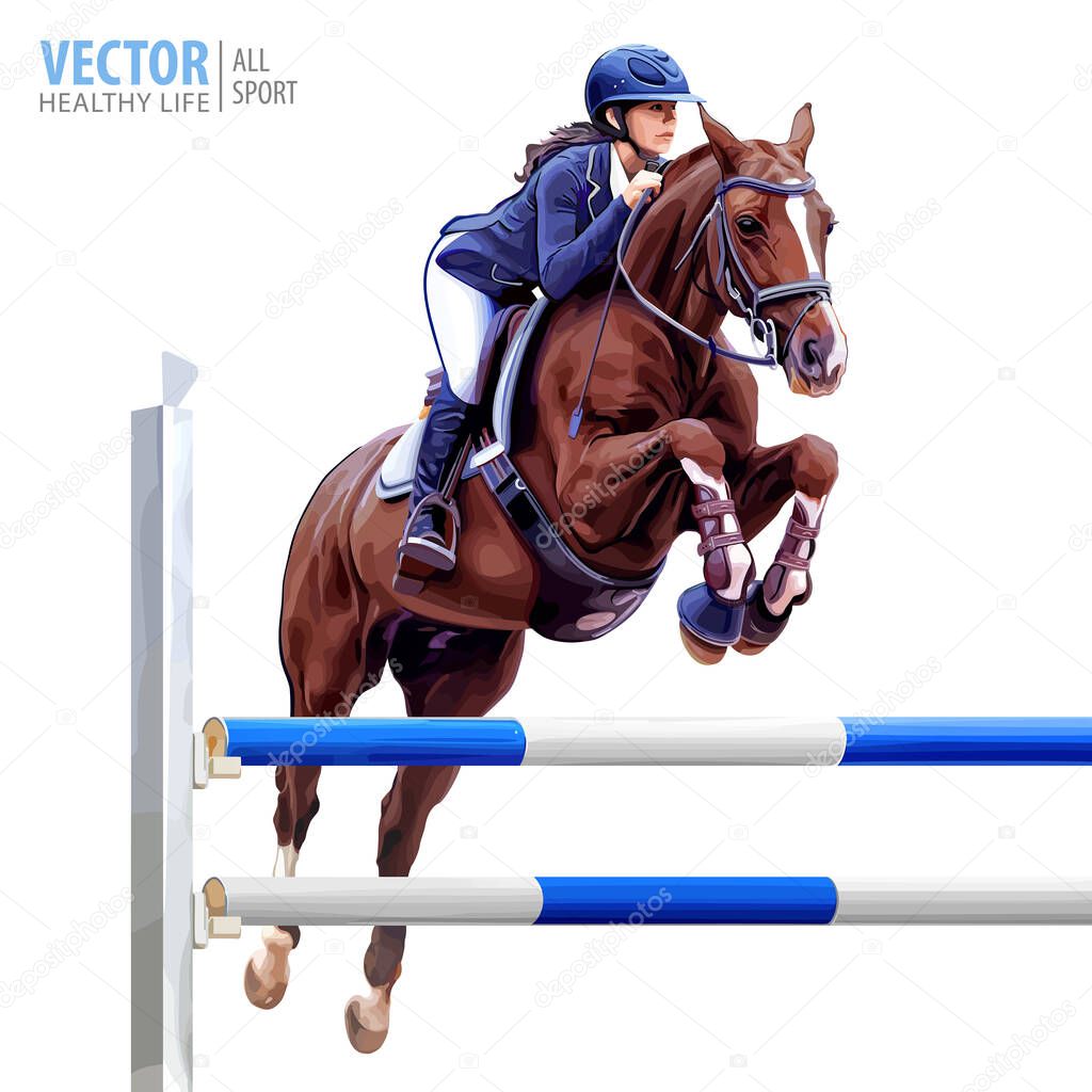 Jockey on horse. Black Horse. Champion. Horse riding. Equestrian sport. Jockey riding jumping horse. Poster. Isolated Vector Illustration. Sport background.