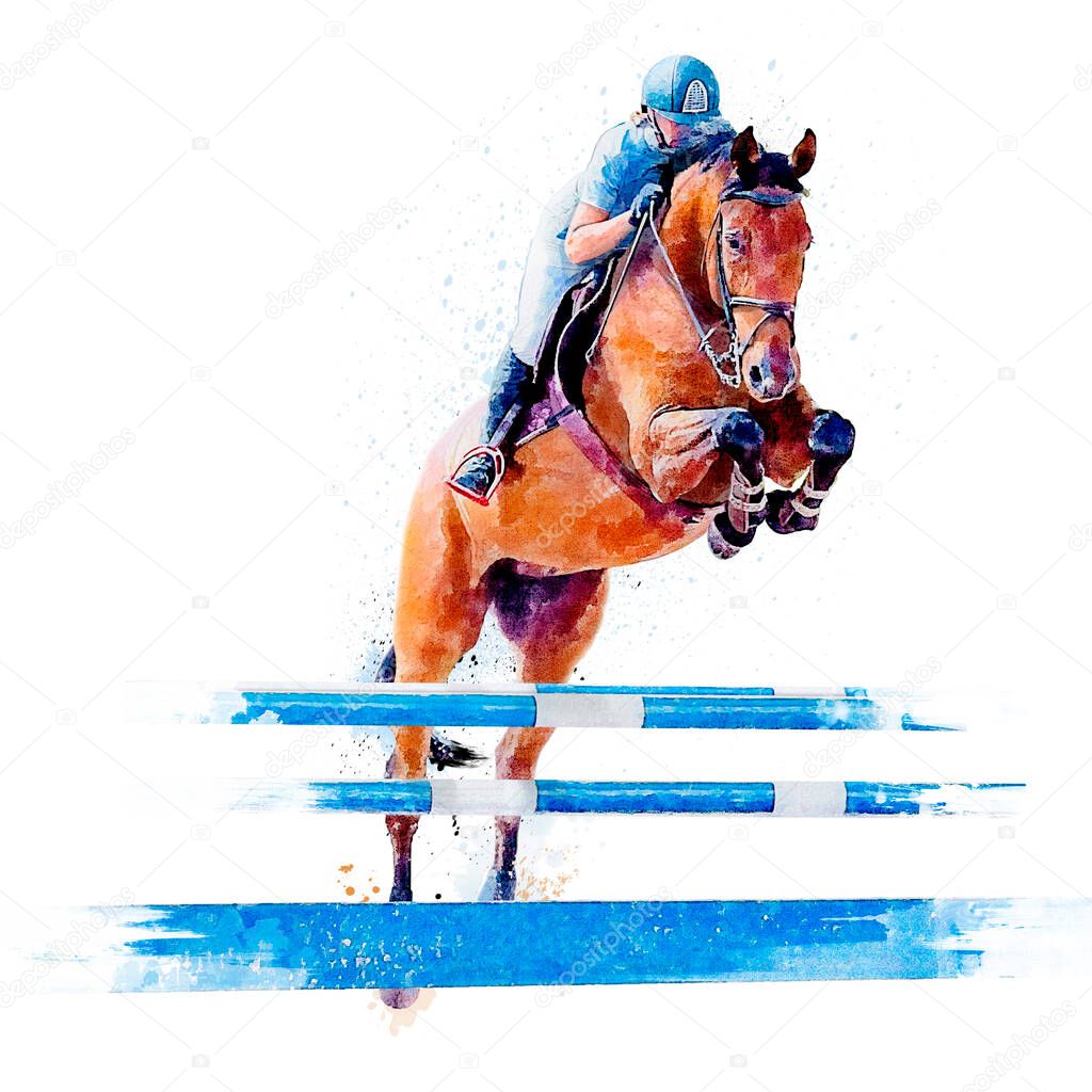 Jockey on horse. Horse Jumping. Equestrian Events. Show Jumping Competition. Watercolor painting illustration isolated on white background
