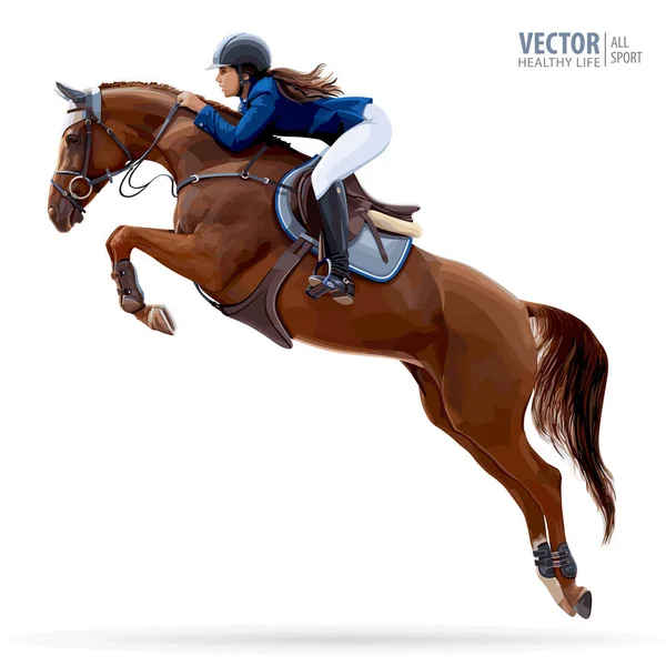 Jockey on horse. Champion. Horse riding. Equestrian sport. Jockey riding jumping horse. Poster. Sport background. Isolated Vector Illustration — Stock Vector