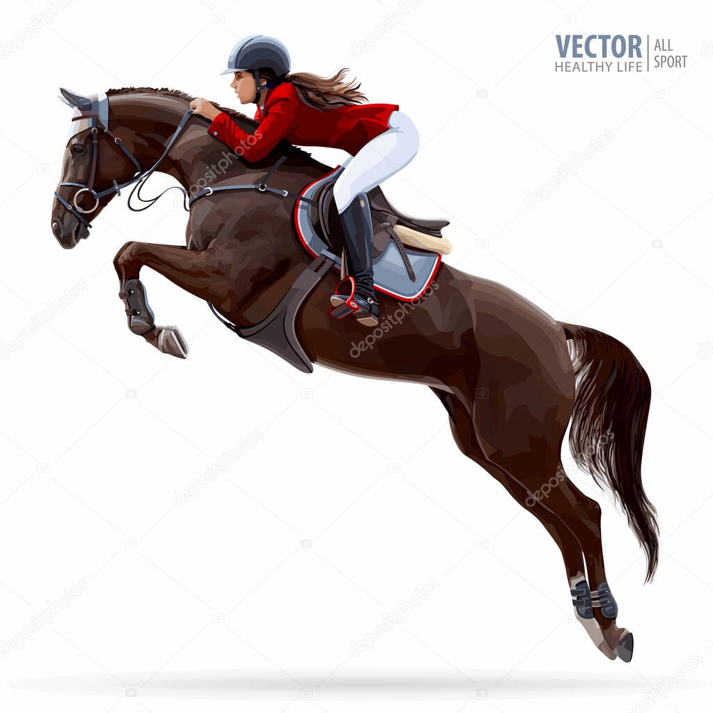 Jockey on horse. Champion. Horse riding. Equestrian sport. Jockey riding jumping horse. Poster. Isolated Vector Illustration. Sport background.