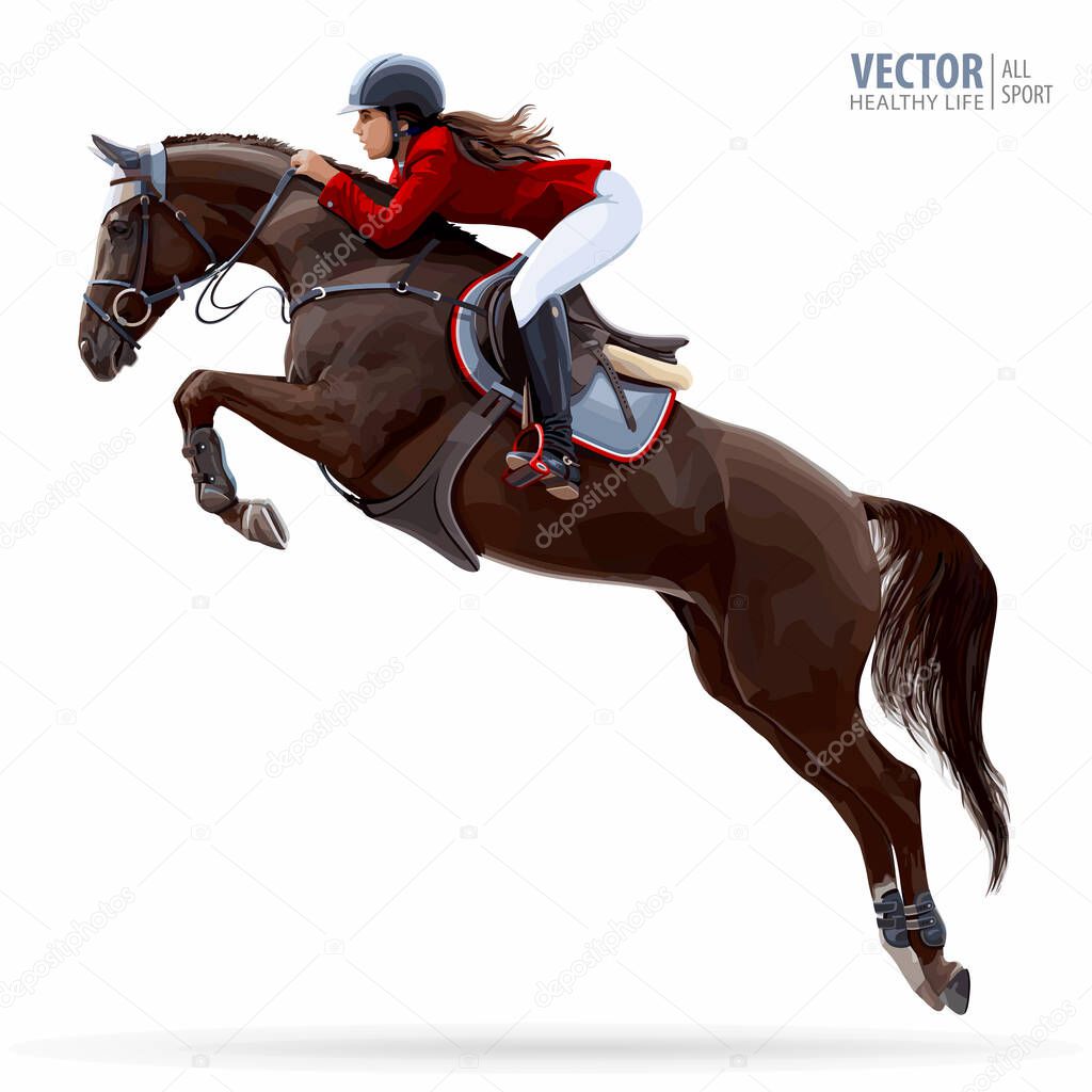 Jockey on horse. Champion. Horse riding. Equestrian sport. Jockey riding jumping horse. Poster. Sport background. Isolated Vector Illustration