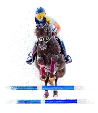 Jockey on horse. Black horse Jumping. Equestrian Events. Show Jumping Competition. Watercolor painting illustration isolated on white background