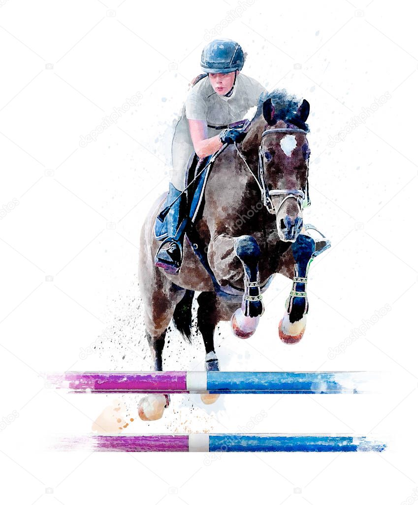 Jockey on horse. Black horse Jumping. Equestrian Events. Show Jumping Competition. Watercolor painting illustration isolated on white background