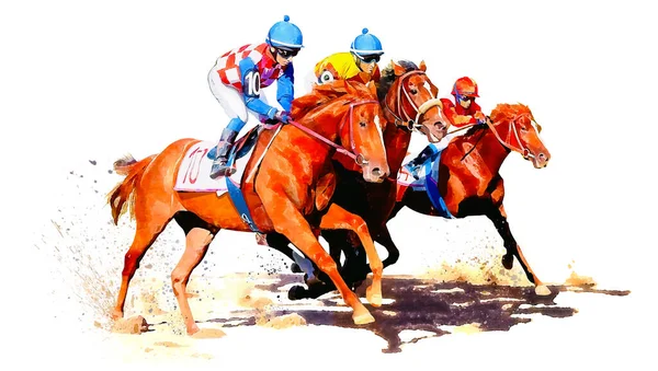 Three racing horses competing with each other. Hippodrome. Racetrack. Equestrian. Derby. Horse sport. Watercolor painting illustration isolated on white background — Stock Photo, Image