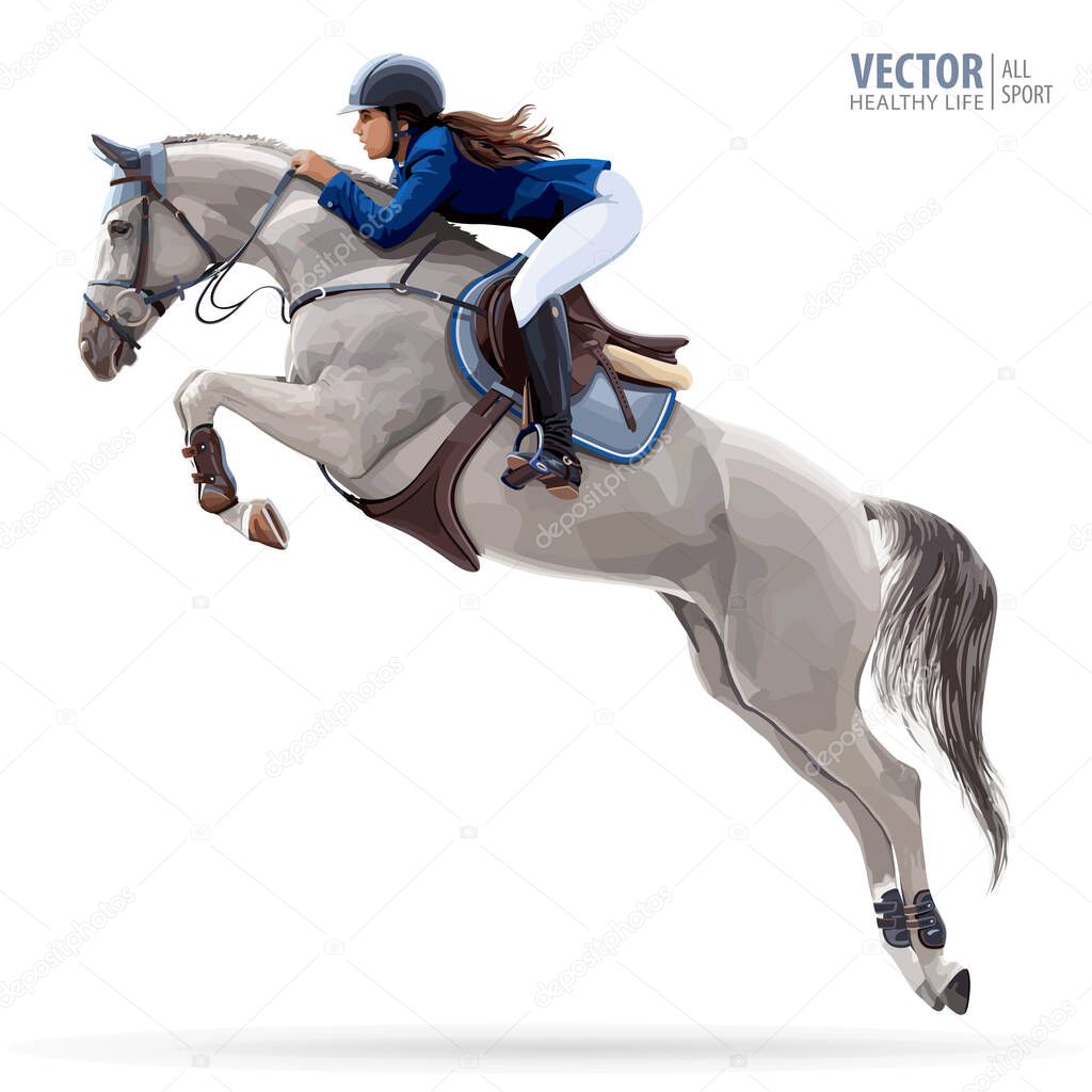 Jockey on horse. White Horse. Champion. Horse riding. Equestrian sport. Jockey riding jumping horse. Poster. Isolated Vector Illustration. Sport background.