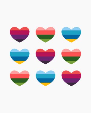 Kesik kalpler hazır. Renkli kurdelelerin oluşturduğu kalpler. Düz bir şekilde parlak simge koleksiyonu. Vektör İllüstrasyonu