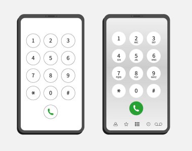 Ekranda tuş takımı olan akıllı telefon. Numaralı ve harfli cep telefonu paneli. Cep telefonu görüntüsü. Vektör İllüstrasyonu