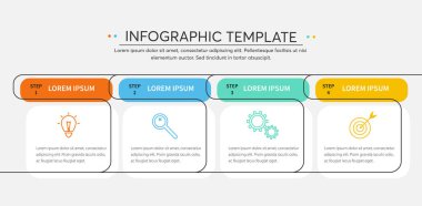Simgeli vektör bilgileri ve 4 seçenek, adım veya süreç. Düz bilgi bilimi iş konsepti sunum, süreç diyagramı, rapor, iş akışı, strateji. Vektör illüstrasyonu