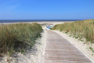 Tahtadan yapılmış bir patika Almanya 'nın Kuzey Denizi adası Langeoog' daki kumlu plaja çıkıyor.