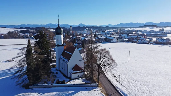 Drone Image Two Churches Leuterschach Bavaria Front Allgaeu Alps Winter — Stockfoto