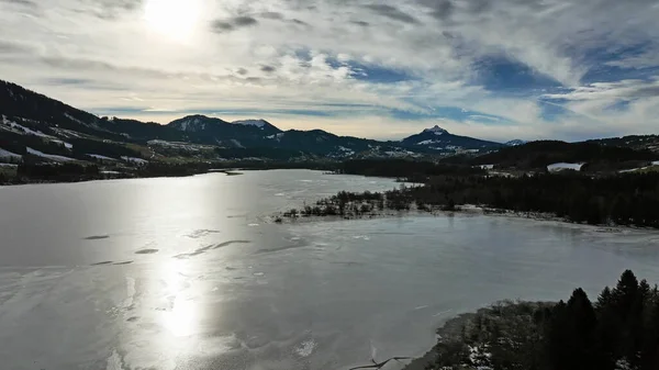 Luchtfoto Met Drone Van Bevroren Gruentensee Allgaeu Alpen Winter — Stockfoto