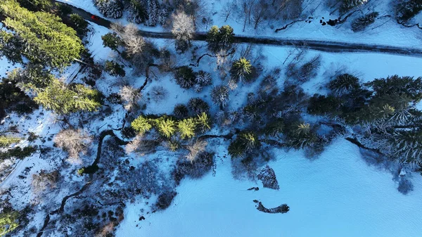Αεροπλάνο Drone Χιονισμένο Τοπίο Ρεύμα Και Δρόμο Κόκκινο Αυτοκίνητο — Φωτογραφία Αρχείου