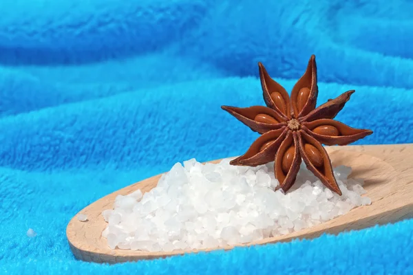 Sea salt bath with a star anise on a blue background — Stock Photo, Image