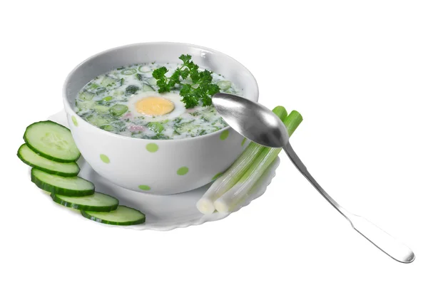 Summer cold soup with vegetables on a white background — Stock Photo, Image