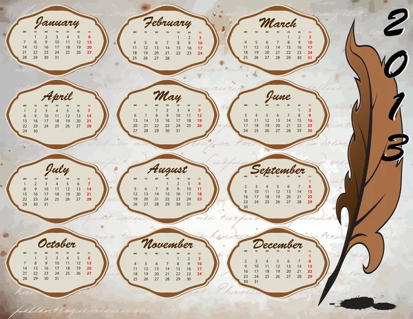 Kalender på vintage bakgrund med fjäder — Stock vektor