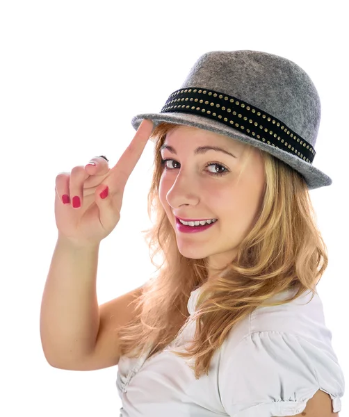 Portrait d'une fille avec un chapeau. Isoler sur fond blanc — Photo