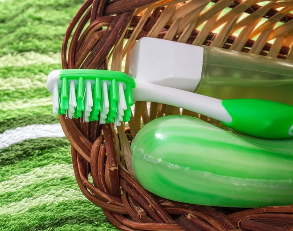 Sikat gigi dan sabun. Atur kebersihan . — Stok Foto