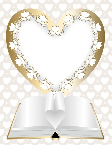 Εορταστική φόντο με πλαίσιο σε σχήμα καρδιάς και ένα ανοιχτό βιβλίο — Διανυσματικό Αρχείο
