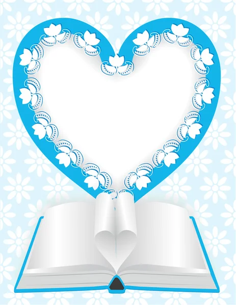 Festive background with frame in shape of heart and an open book — Stock Vector