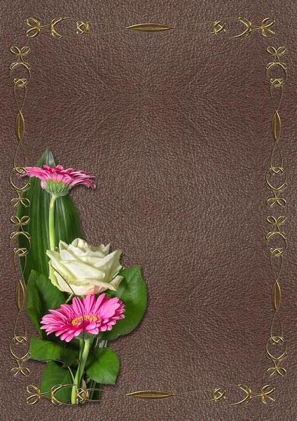 皮膚の背景にバラとガーベラの花束 — ストック写真