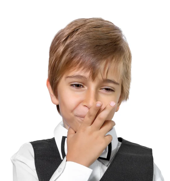 Retrato de un niño con chaqueta y pajarita . — Foto de Stock